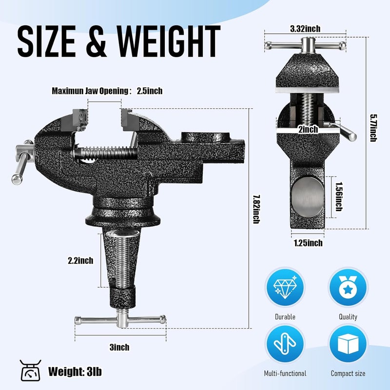 wiselifetech Bench Vise 2.5 inch Table Clamp On Vise,360° Swivel Base Heavy Duty Home Vice Bench Vise For Workbench Clamp Vise for Woodworking,Metalworking, Cutting Conduit, Drilling, Sawing - Image 2